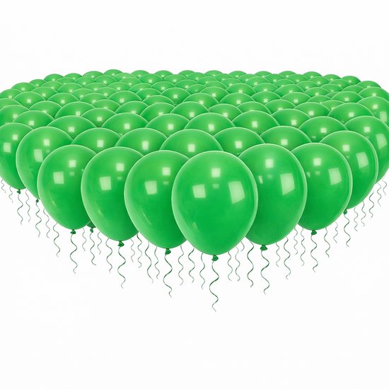 Een veld met 200 groene latex ballonnen, op een witte achtergrond.