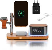 Draadloze Oplader 5-in-1 met Wekker, Bluetooth Speaker & LED Nachtlamp Geschikt voor MagSafe van MMOBIEL – 25W Qi2.2 Magnetische Draadloos Oplaadstation Geschikt voor Smartphone, Smart Watch en Oordopjes – Kosmisch Oranje