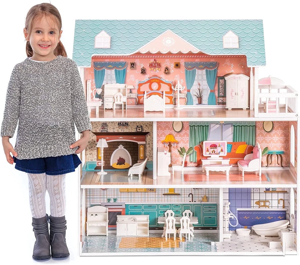 Robotime - Robud Lady Houten Poppenhuis - 3 Verdiepingen met Balkon - Educatief Speelgoed voor Kinderen vanaf 3 Jaar