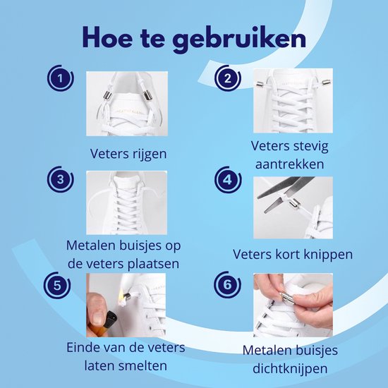 Stapsgewijze instructies voor het vastmaken van Knaak veters met metalen tips.