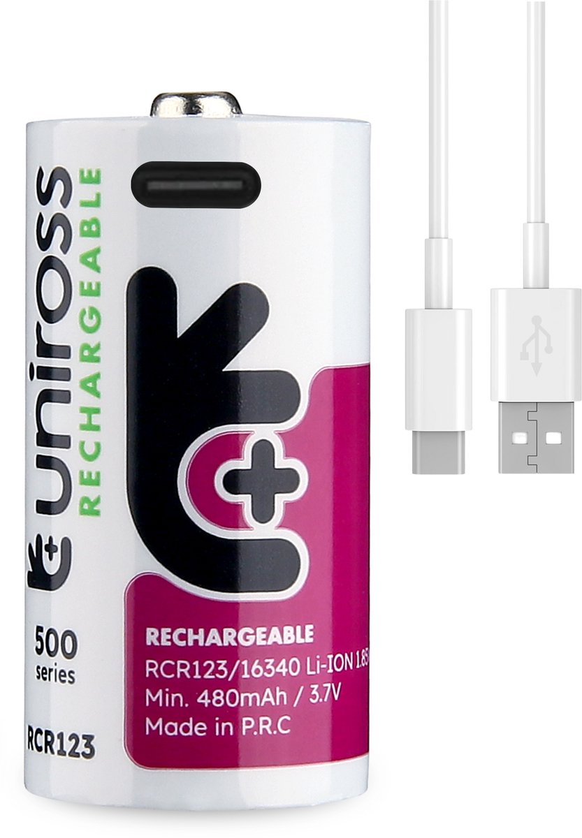 USB-C Oplaadbare RCR123 (16340) Li-ion Batterij - 3.7V - 500mAh / 1170mWh - Inclusief USB-A naar USB-C Laadkabel