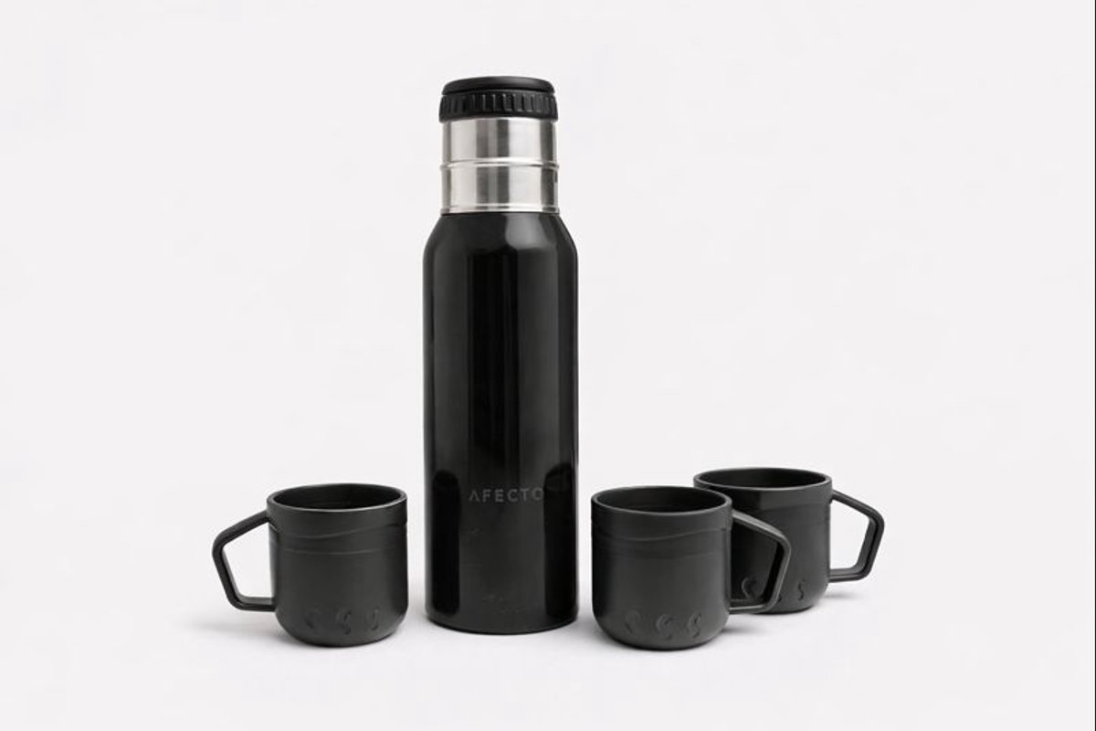 AFECTO Thermosfles met Bekers – 0,5 L – 12 uur Warm & Koud – Inclusief 3 Drinkbekers – Zwart