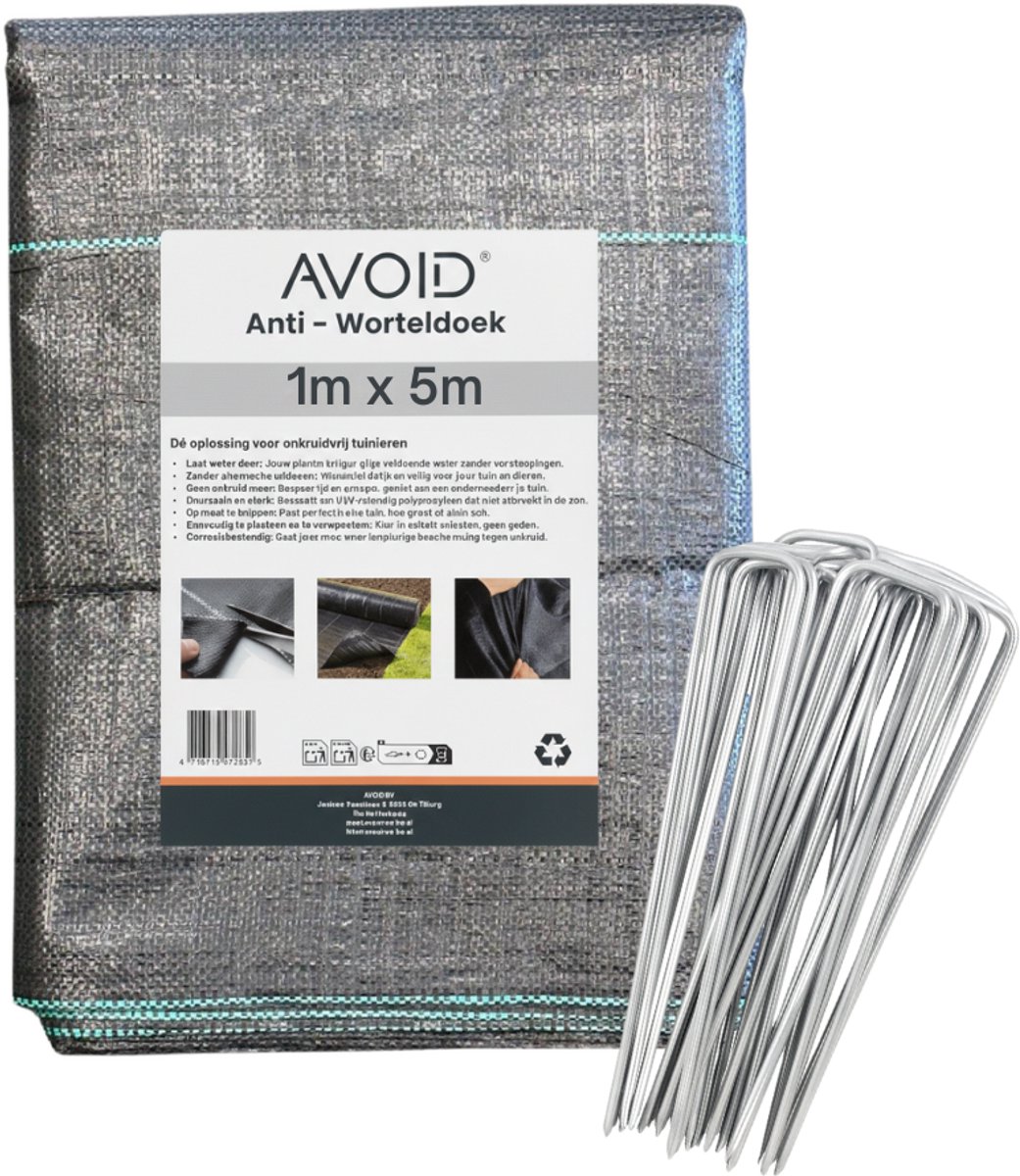AVOID Anti Worteldoek 1x5m & 10 Gronddoekpennen - Grondzeil tegen Onkruid - 110 g/m² - Gronddoek
