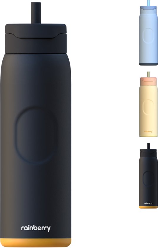 Rainberry® - 1,2 Liter XXL Drinkfles - RVS Geïsoleerde Waterfles met Rietje - 1200ml EXTRA GROOT FORMAAT - met Auto Bekerhouder - 100% lekvrij - Vaatwasserbestendig - Eclipse/Zwart