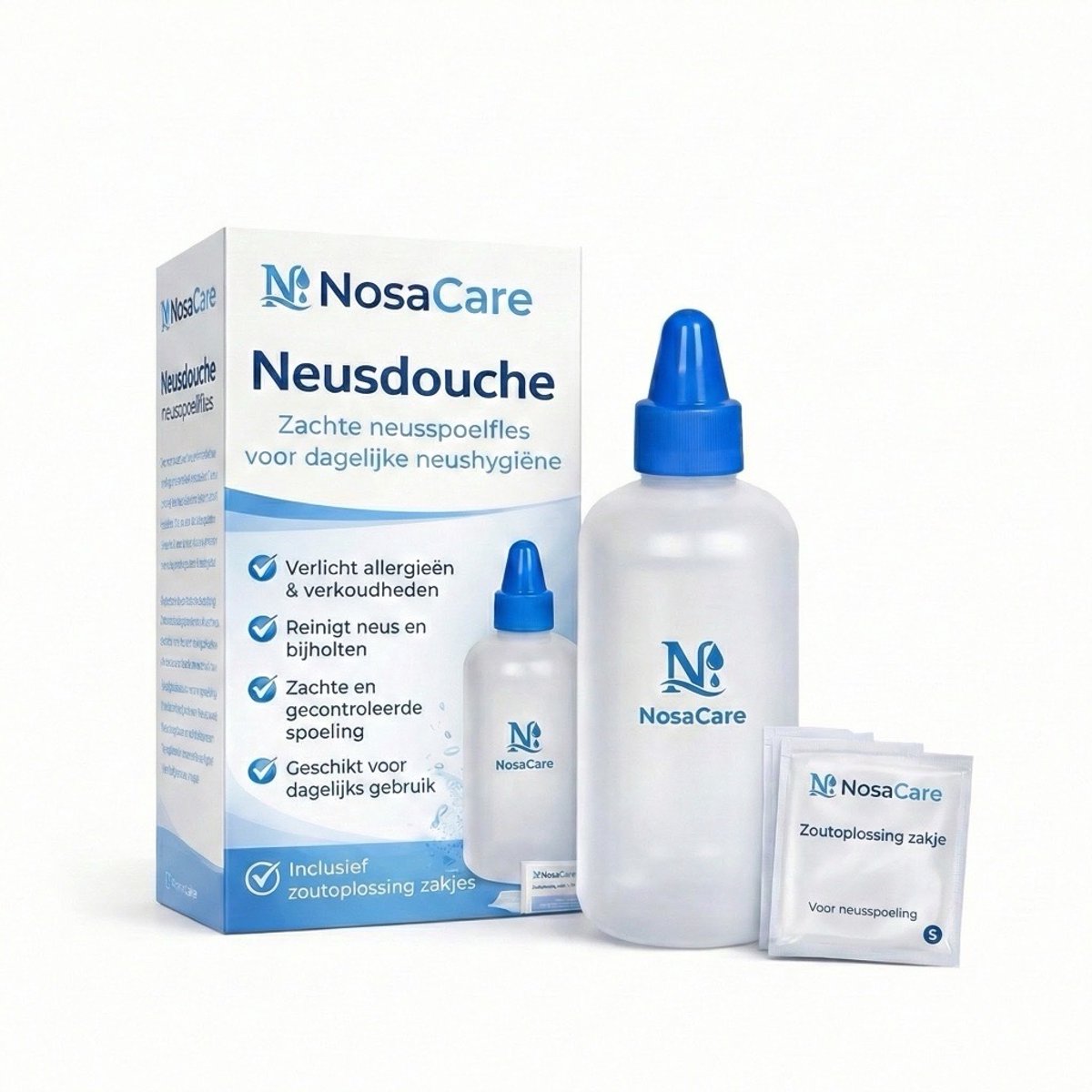 NosaCare Neusdouche – 250ml – Inclusief 5 Zoutoplossing Zakjes – Bij Verkoudheid & Allergieën