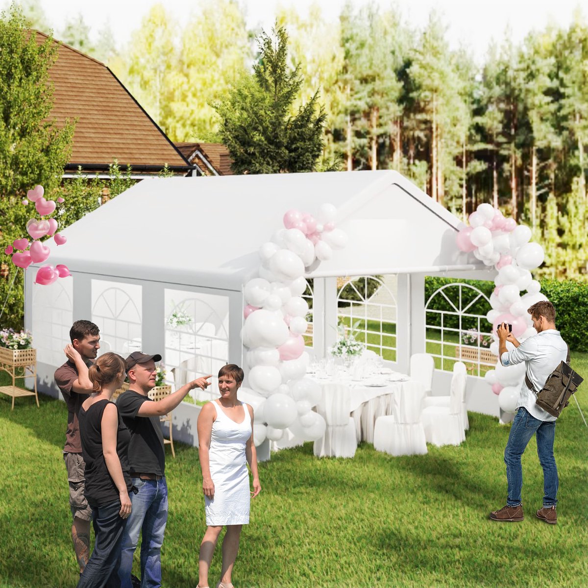 Aufun Paviljoen 4x6m - Wit - Metaal Tuinpaviljoen Met Zijpanelen, Partytent Tuintent voor Feest, Marktkraam & Buiten Camping