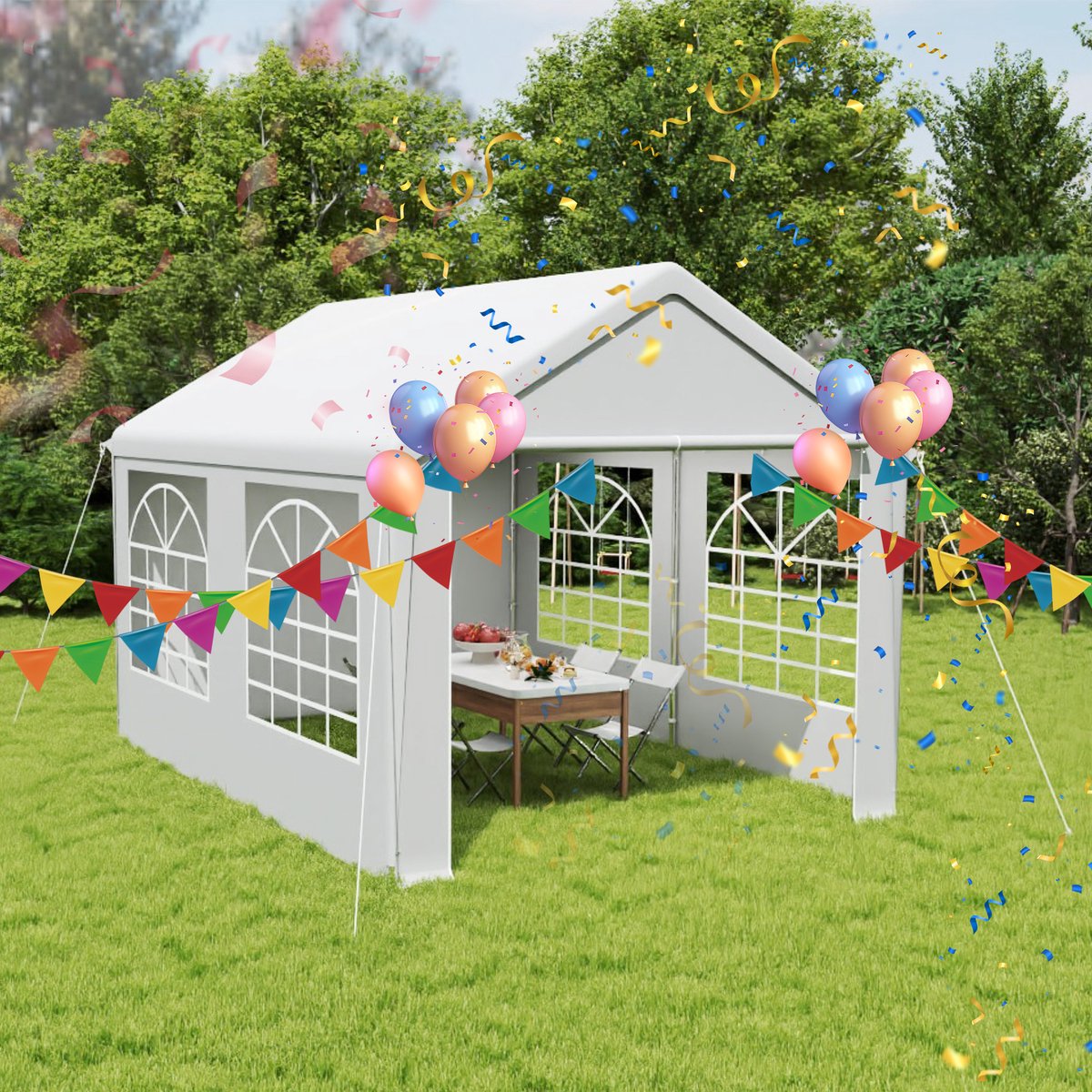 Aufun Paviljoen 3x4m - Wit - Metaal Tuinpaviljoen Met Zijpanelen, Partytent Tuintent voor Feest, Marktkraam & Buiten Camping