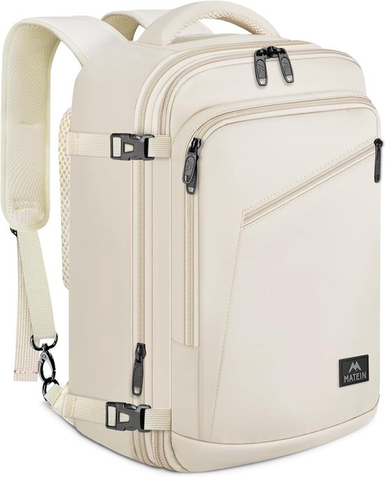 Matein Handbagage Rugzak 40x30x20 cm voor Vliegtuig – Ryanair Maat Cabin Rugzak 30L, Uitbreidbare Reisrugzak Unisex, Geschikt voor KLM, Transavia & easyJet, Travel Backpack voor Business & Reis, Wit