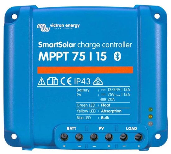 Blauwe Victron SmartSolar MPPT 75|15 laadregelaar met tekst en groene, gele en blauwe LED-indicatoren.