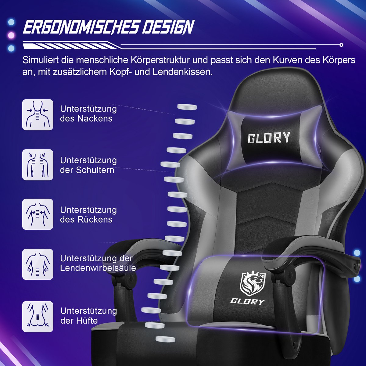 Hiaonyx Gaming Stoel met 170° Verstelbare Rugleuning - Zwart - afbeelding 3