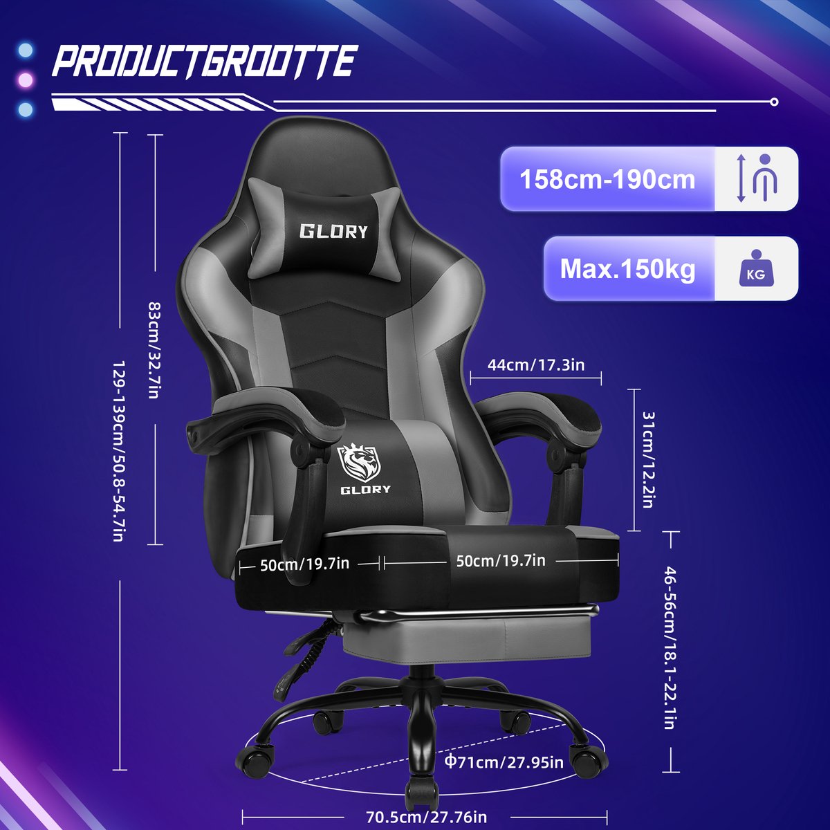 Hiaonyx Gaming Stoel - 170° Verstelbare Rugleuning - Gaming Stoel met inklapbare Voetsteun - racerstijl - Geïntegreerde Armleuningen - Maximale Belastbaarheid 150kg - met stille wielen - Zwart Grijs – foto 6