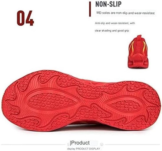 Onderkant van de rode sneaker met een non-slip profiel en een weergave van de zijkant.