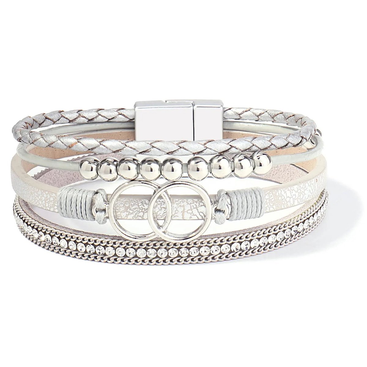 WiseGoods Premium Dames Armband Met 4 Snoeren - Armbandje Leer - RVS Sluiting - Sieraden Vrouw - Armbanden - Armbandjes - Wit