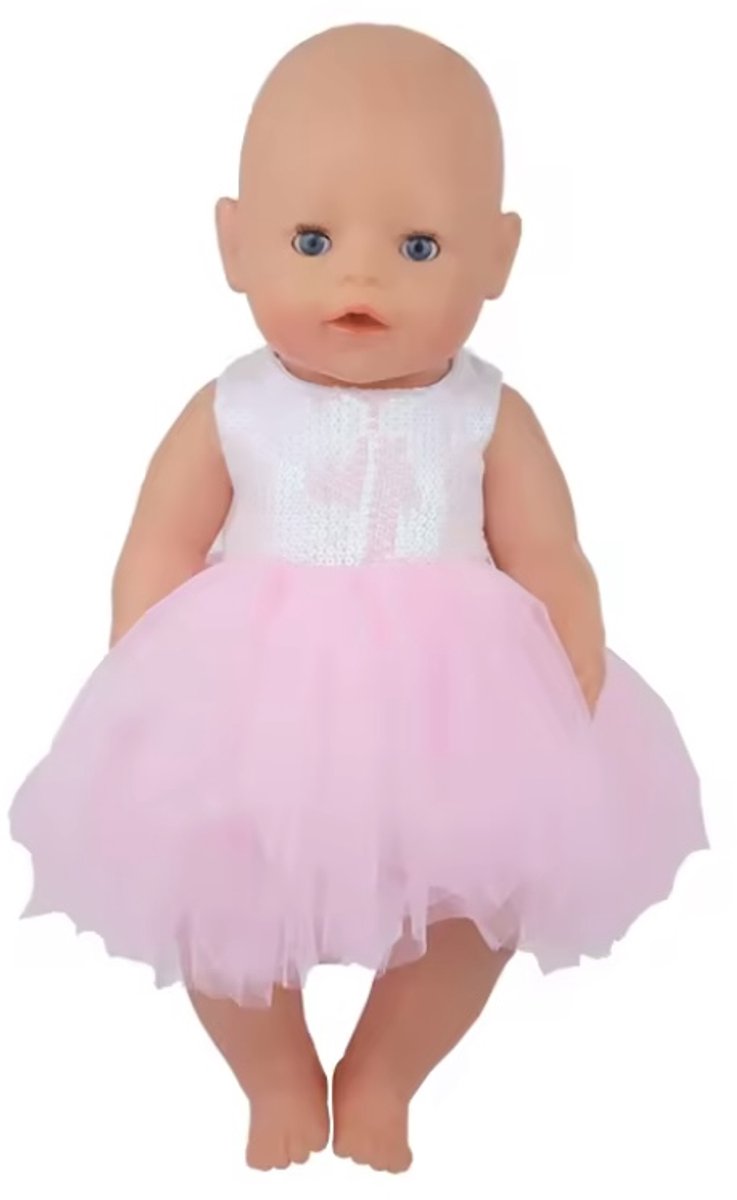Roze-Wit Poppenjurkje met Pailletten –“Geschikt voor Baby Born” - Tule Rok - Accessoire en kleertjes voor je 36 + 43 cm BabyBorn Pop