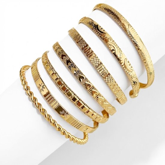 Set de 7 bracelets joncs dorés pour femme avec motifs gravés et torsadés – ensemble de bracelets larges pour femme
