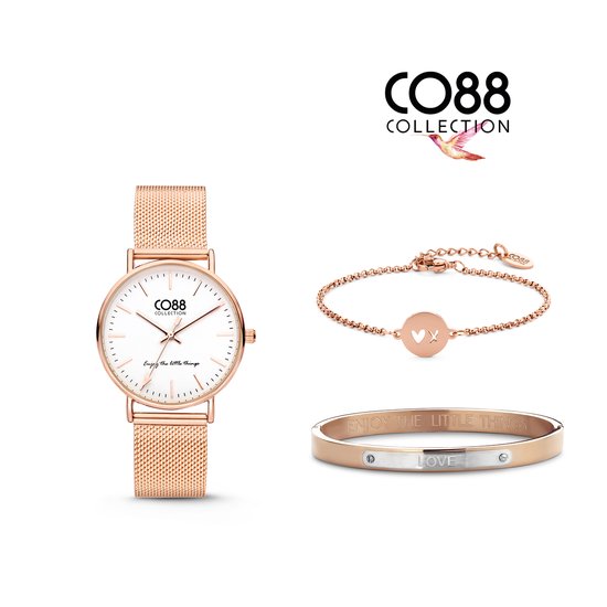 CO88 COllection 8CO-Set064 - Armband dames - 2 stuks - Horloge met mesh band - Staal - Rosekleurig