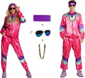 Partyxclusive 5-Delig Fout Trainingspak Jas/Broek/Hoofdband/Ketting/Bril Jaren 80 & 90 Kostuum Disco Foute Party Outfit Dames en Heren Retro Verkleedkleding Carnavalskleding Heren Carnavalskleding Dames - Polyester - Roze - Maat M