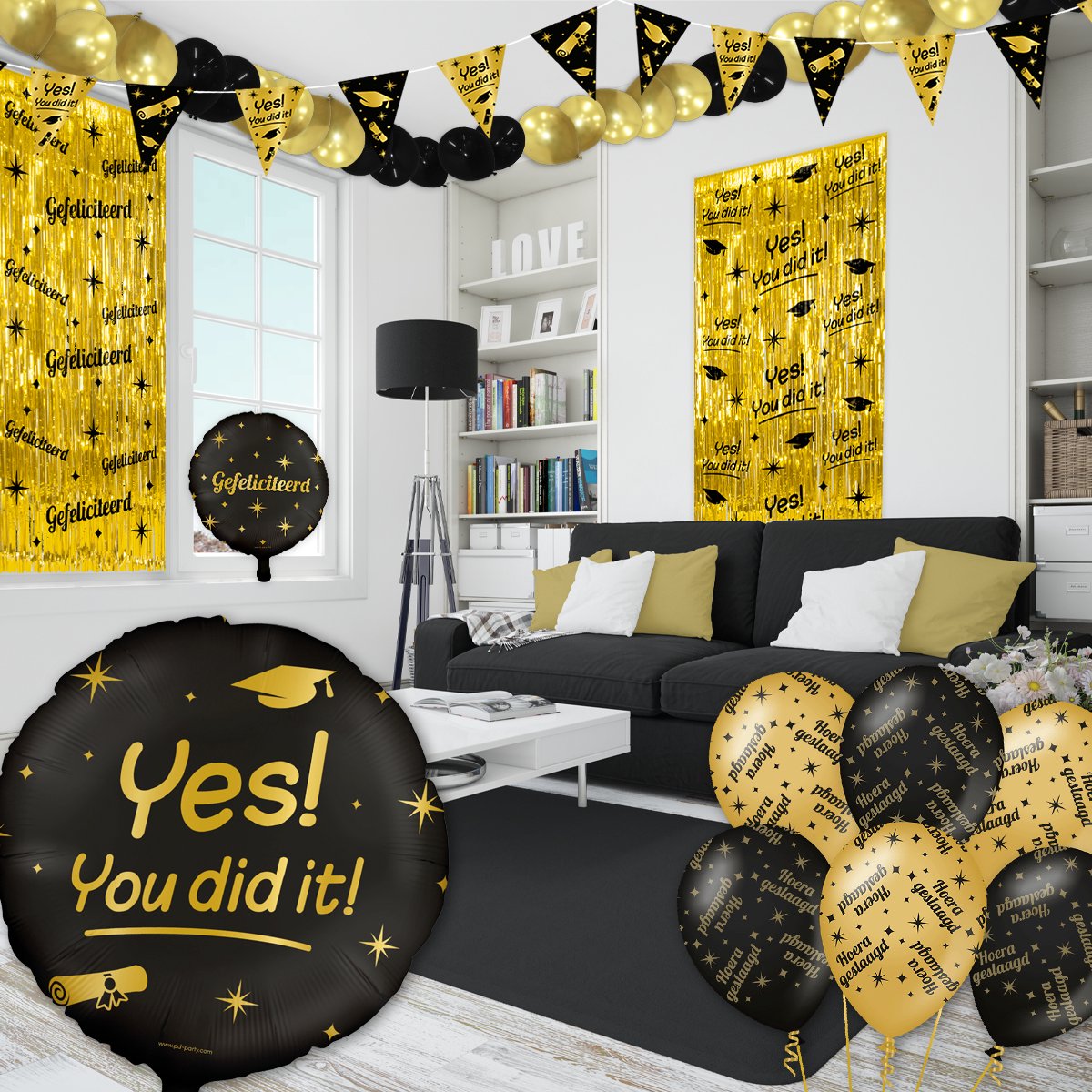 BTH - Slingers - Yes! You Did It! - Goud en Zwart - Geslaagd Versiering - Slinger - Vlaggenlijn - Geslaagd Cadeaus - 1 St — afbeelding 3
