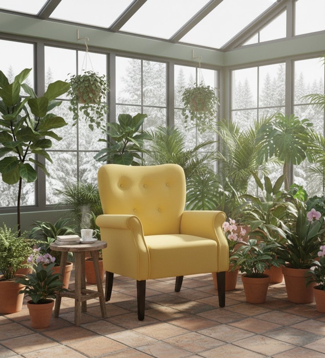 Retro Linnen Loungestoel – Moderne Enkele Fauteuil met Kussenrug en Houten Poten – Comfortabele Woonkamerstoel in Franse Landelijke Stijl – Beige | House&Garden