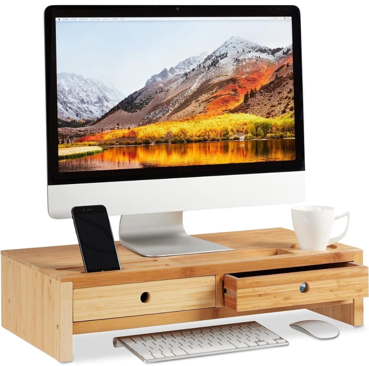 Famanu Monitor standaard bamboe - 2 lades en vakken - beeldschermverhoger - voor laptops en schermen - 14x60x30cm - natuur