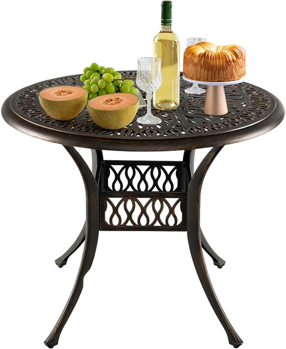 KOMFOTTEU Ronde bijzettafel, tuintafel met parasolgat, bistrotafel met gegoten aluminium en verstelbare poten, eettafel voor balkon, terras en tuin, 90 x 90 x 74 cm