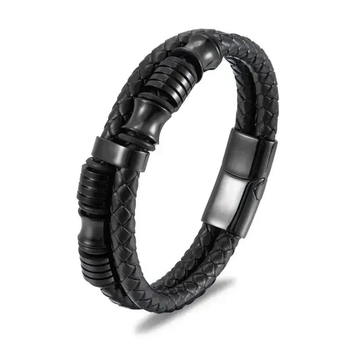WiseGoods Premium Heren Armband Zwart Mysterie Design -Leer En RVS Sluiting - Armbanden - Armbandje Man - 22CM - Armbandjes