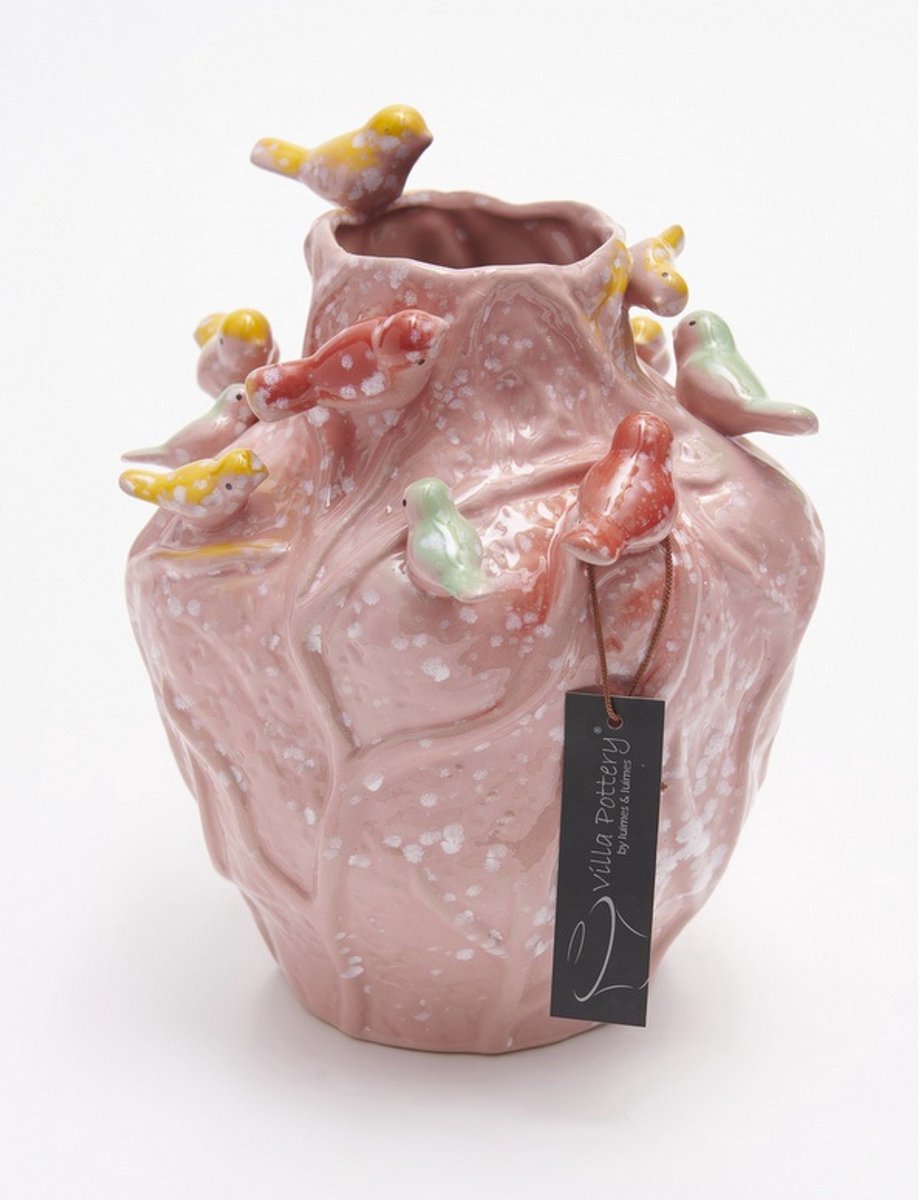 Irishflowers Vaas - Villa Pottery - Decoratie - Woondecoratie - Vogelvaas - Porselein - Waterdicht - Lieve 2_2 Pink 12 Birds Roze
