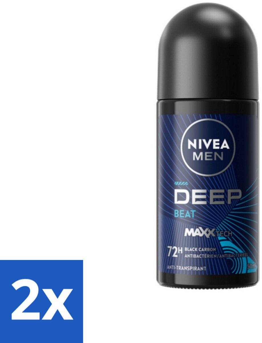2 x Nivea - Men - Deodorant - Roller - Deep Beat - 48 Uur Lang Werkend - 50 ml - NIVEA MEN Deep Beat Deodorant Roller - Anti-transpirant - 48 Uur Bescherming - Zwarte Koolstof - Houttonen