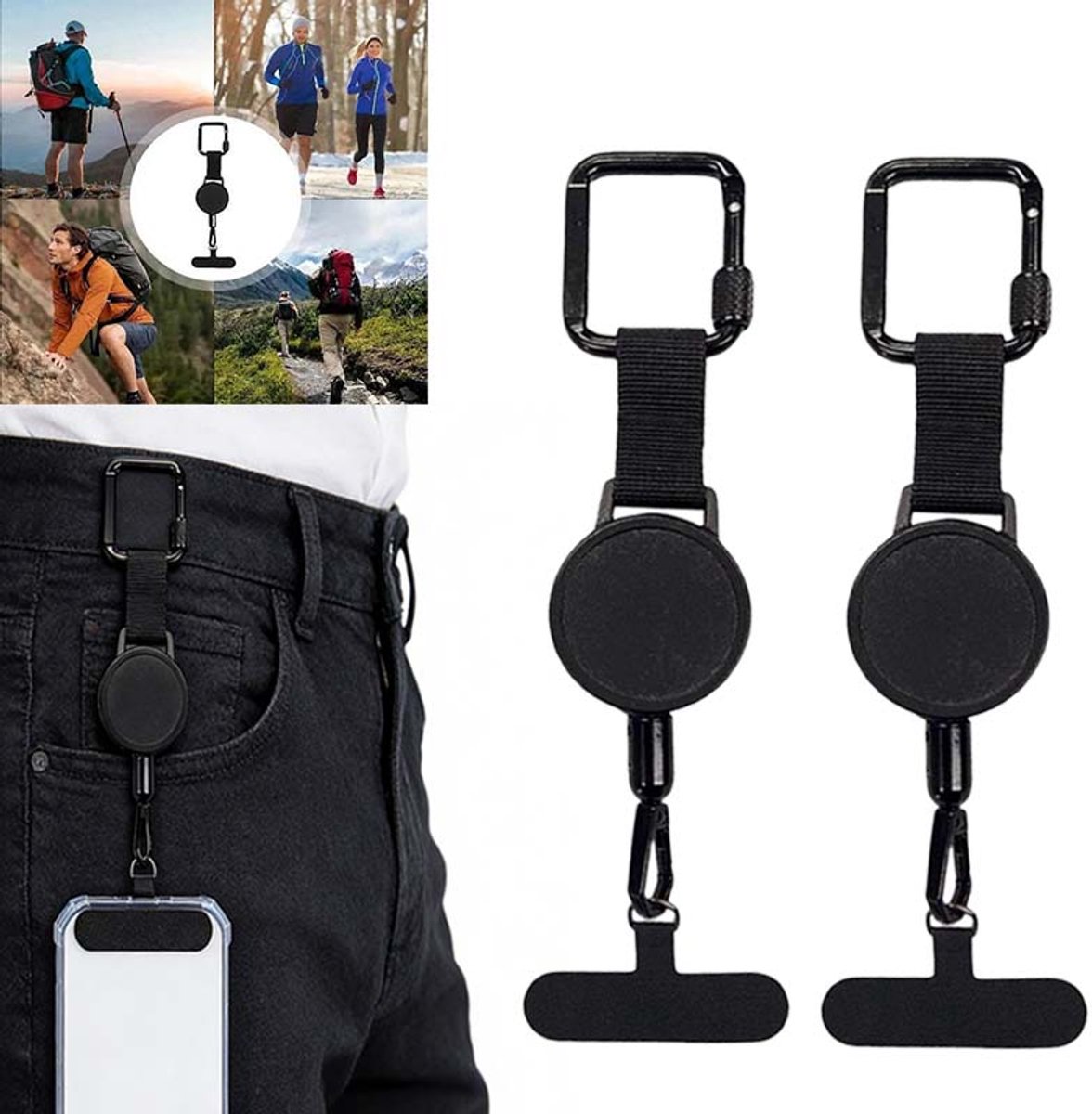 2 Stuks Uittrekkbare Anti-diefstal Mobiele Telefoon Hangkabel - Mobiele Telefoon Anti-diefstal Hangkabel - Geschikt Voor Outdoor Sporten Zoals Reizen / Wandelen / Klimmen (Zwart)