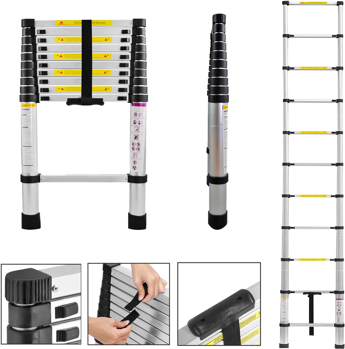 Froadp 3,2 m telescopische ladder aluminium multifunctionele ladder multifunctionele ladder antislip ladder stepladder klapladder ladder 150 kg draagvermogen 11 sporten zilver