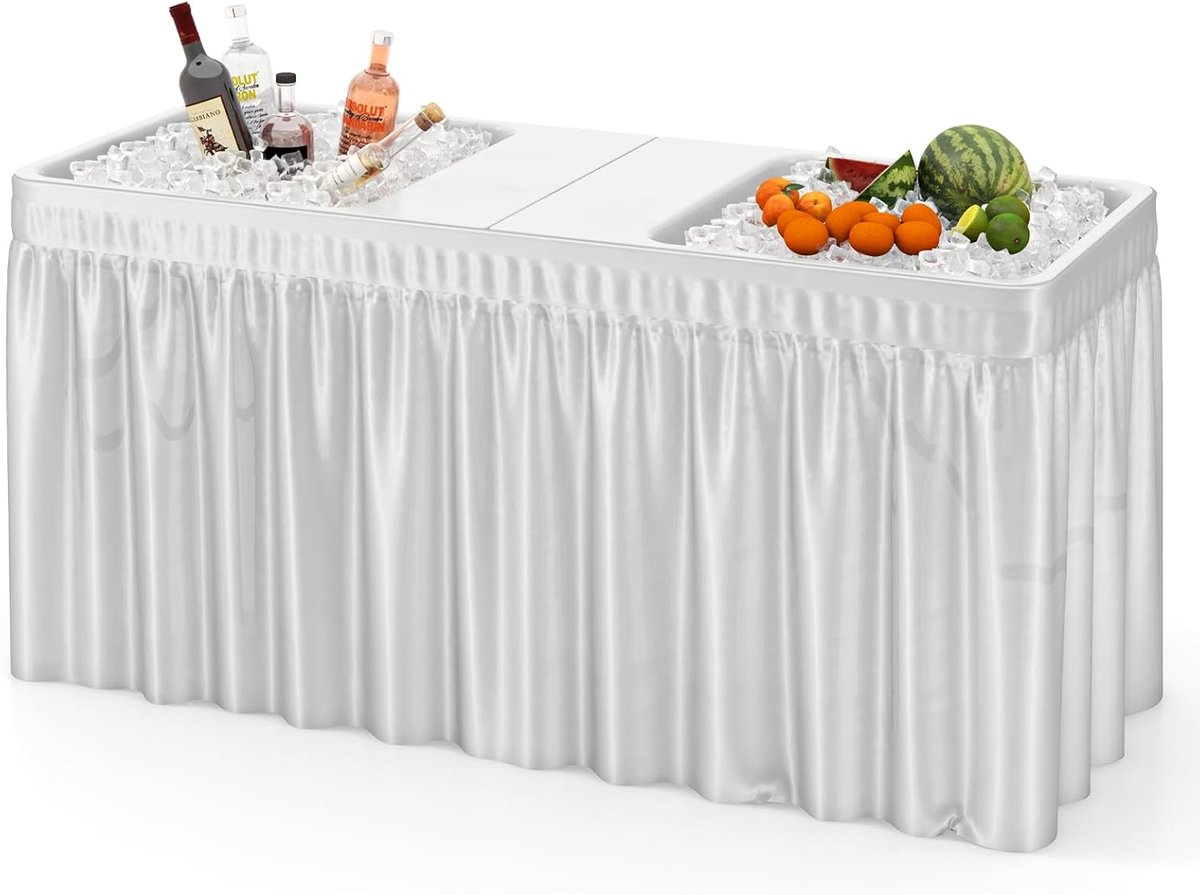 KOMFOTTEU 1,5 m koeltafel met rok, opvouwbare koeltafel met dubbele afvoer, draagbare picknicktafels, 150 x 60 x 79 cm, belasting 100 kg, voor camping, barbecue, feest