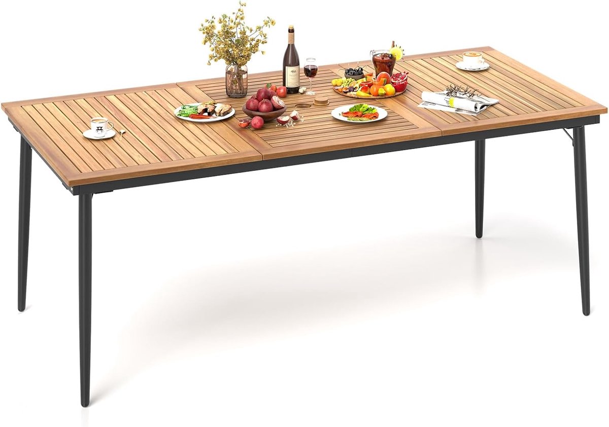 KOMFOTTEU Tuintafel met luifelgat, eettafel van acaciahout, houten tafel voor 8 personen, terrastafel, 200 x 90 x 75 cm, voor buiten, tuin, patio