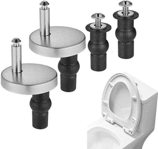 Twee RVS toiletbril scharnieren met zwarte rubberen expansiedopjes, naast een open witte toiletpot.