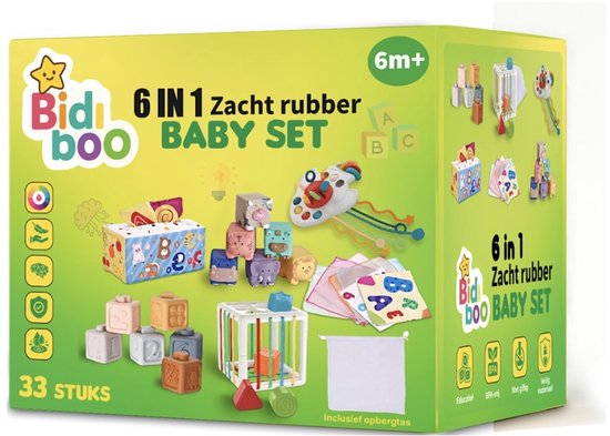 Educatief Baby Speelgoed 6 Maanden - speelgoed 1 jaar - XXL box - 6-in-1 box - Montessori Educatief Speelgoed - 33 psc - Zachte Blokken - Vormen Sorteer Kubus - Trekkoord Speeltje - Educatieve Doekjes - Tissue box - inclusief Opbergtas van Merkloos — afbeelding 4