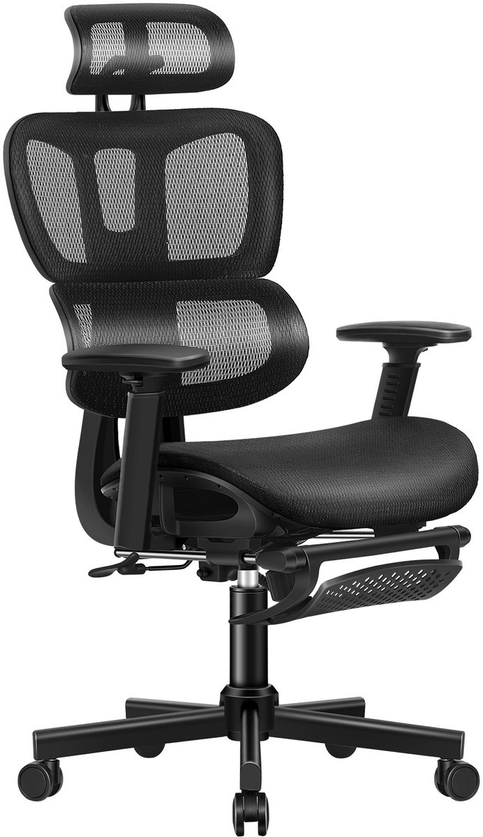 Ergonomische bureaustoel met gaaslening, 3D-armleuningen en kantelbare functie.
