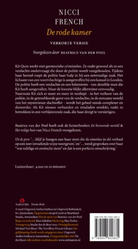 Boekomslag achterkant: 4 CD luisterboek 'De rode kamer' door Nicci French. Titel en auteur in gele letters. Inhoud van het luisterboek in kleine zwarte letters. Streepjescode en ISBN.