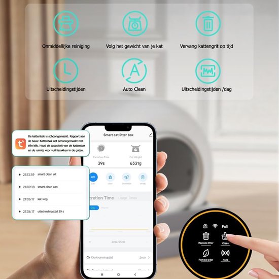 Automatische kattenbak met app-interface. Toont functies: snelle reiniging, gewicht, vervanging grit. Een hand bedient het apparaat.