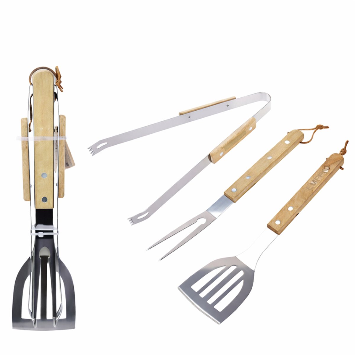 Oneay BBQ Gereedschap Set – RVS Barbecue Spatel, Tang en Vork met Houten Handvat – Complete Barbecue Accessoires Set