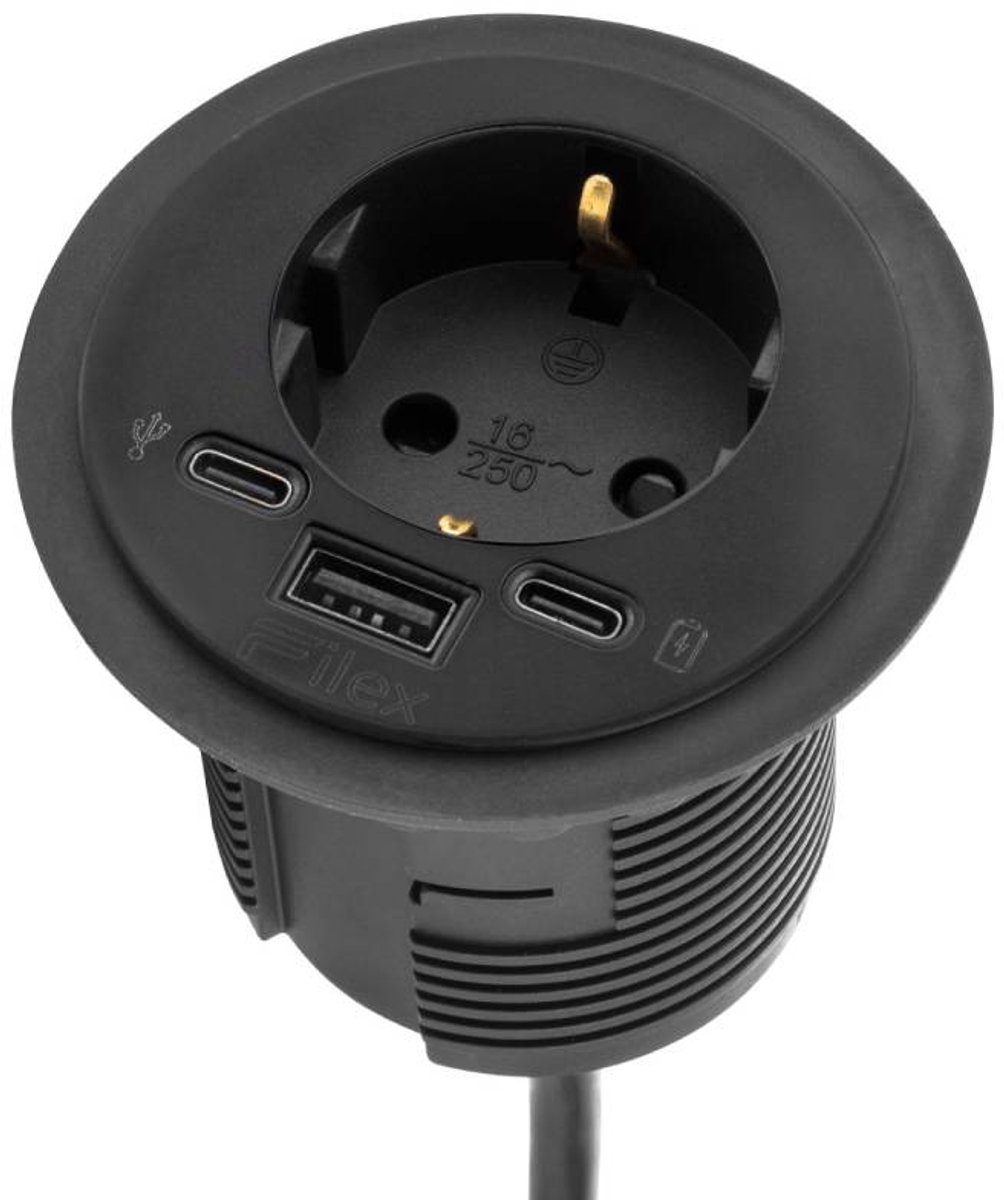 Power Spot - 1x Schuko - 1x USB-A & USB-C oplaadpoort en USB-C data - 60mm - 1,7 meter - Zwart