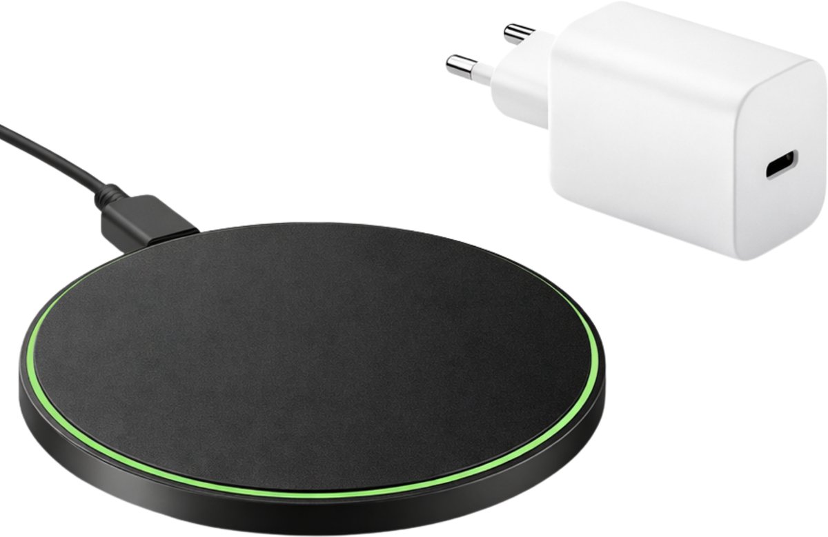 15W Draadloze Oplader + 18W USB-C Snellader – Wireless Charger Set – Geschikt voor alle Draadloos Oplaadbare Smartphones – Zwart/Wit