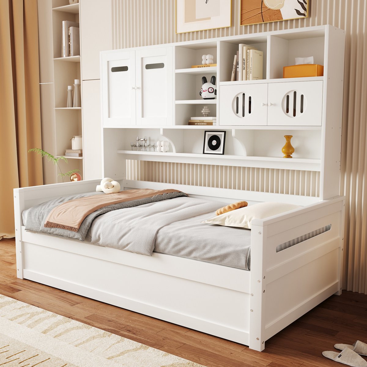 MODENUIT Slaapbank 90x200 cm – Hydraulisch Bed met Opbergruimte – Kasten en Open Vakken – Grenenhout – Zonder matras – Wit