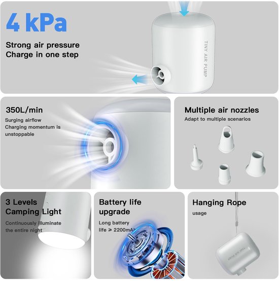 Belle's product-Oplaadbare draagbare luchtpomp met campinglamp - Voor luchtmatrassen, zwembanden & vacuümzakken-wit van Merkloos — afbeelding 2