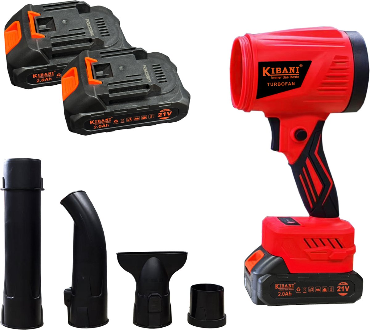 Kibani Power Blower incl. Opzetstukken & 2 Accu’s - Accu Bladblazer - Mini Bladblazer - Blower - 33.000 RPM - 21V - 2x 2000 mAh - Draadloos - Compact - Lichtgewicht - Turbo Fan - Auto Drogen - Stofblazer