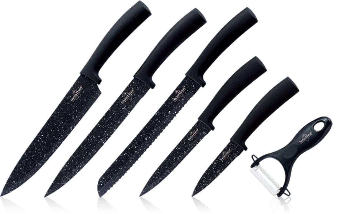 Swiss Haus® KS6BN Messenset - 6 Delig Professionele Koksmessen Set met Broodmes, Koksmes, Vleesmes & Dunschiller – Antiaanbaklaag – Inclusief Geschenkdoos - Zwart
