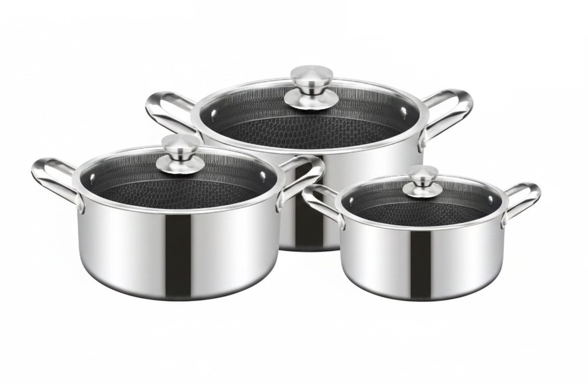 Cheffinger Pannenset met Deksel - 20/24/28cm - RVS - Honingraat - Inductie - Braadpan