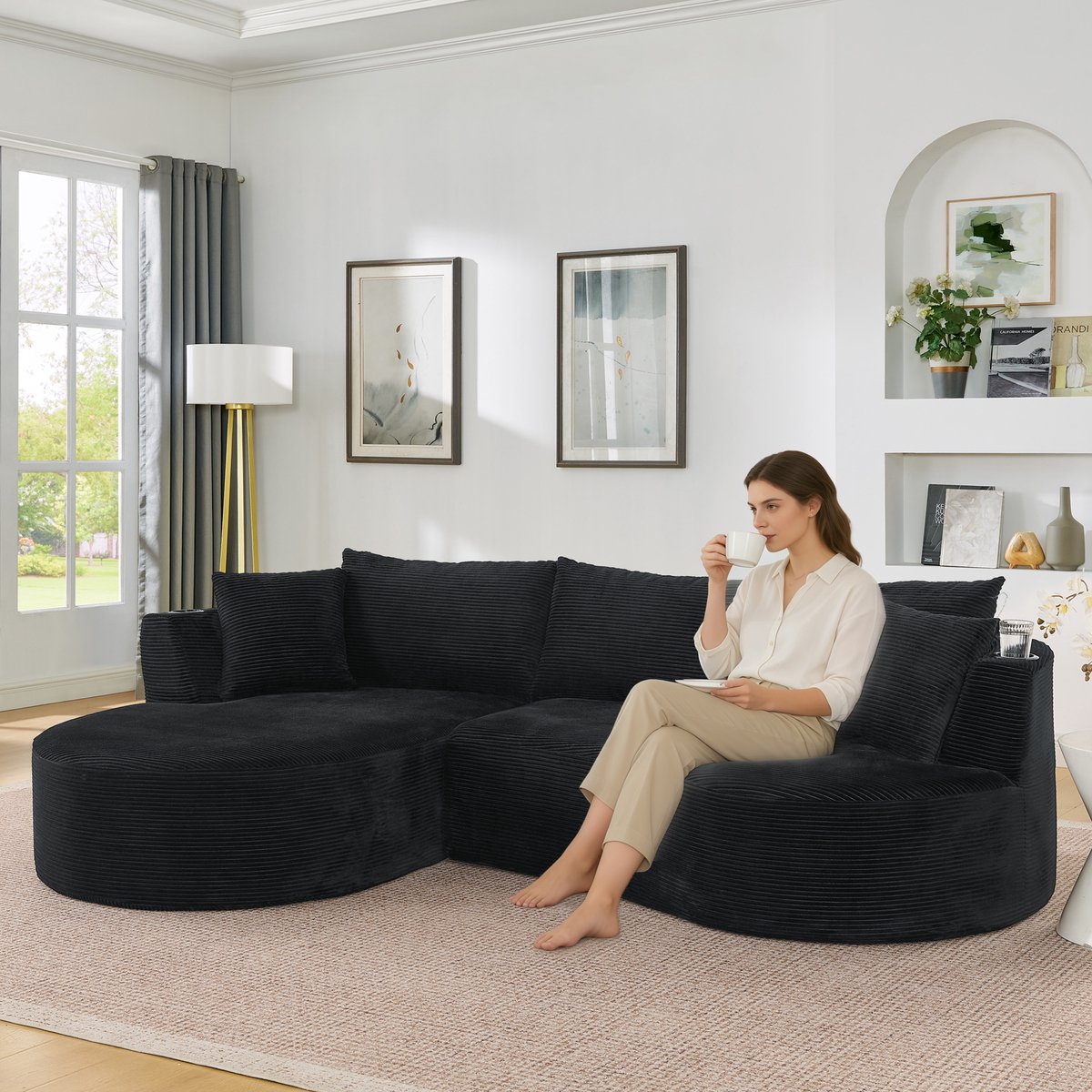REDOM - Hoekbank - Linke chaiselongue - Bogenvormig design - Met bekerhouders en kussens - Voor woonkamer, hotel, appartement en kantoor - Kordstof - Zwart - 264 x 168 x 76 cm