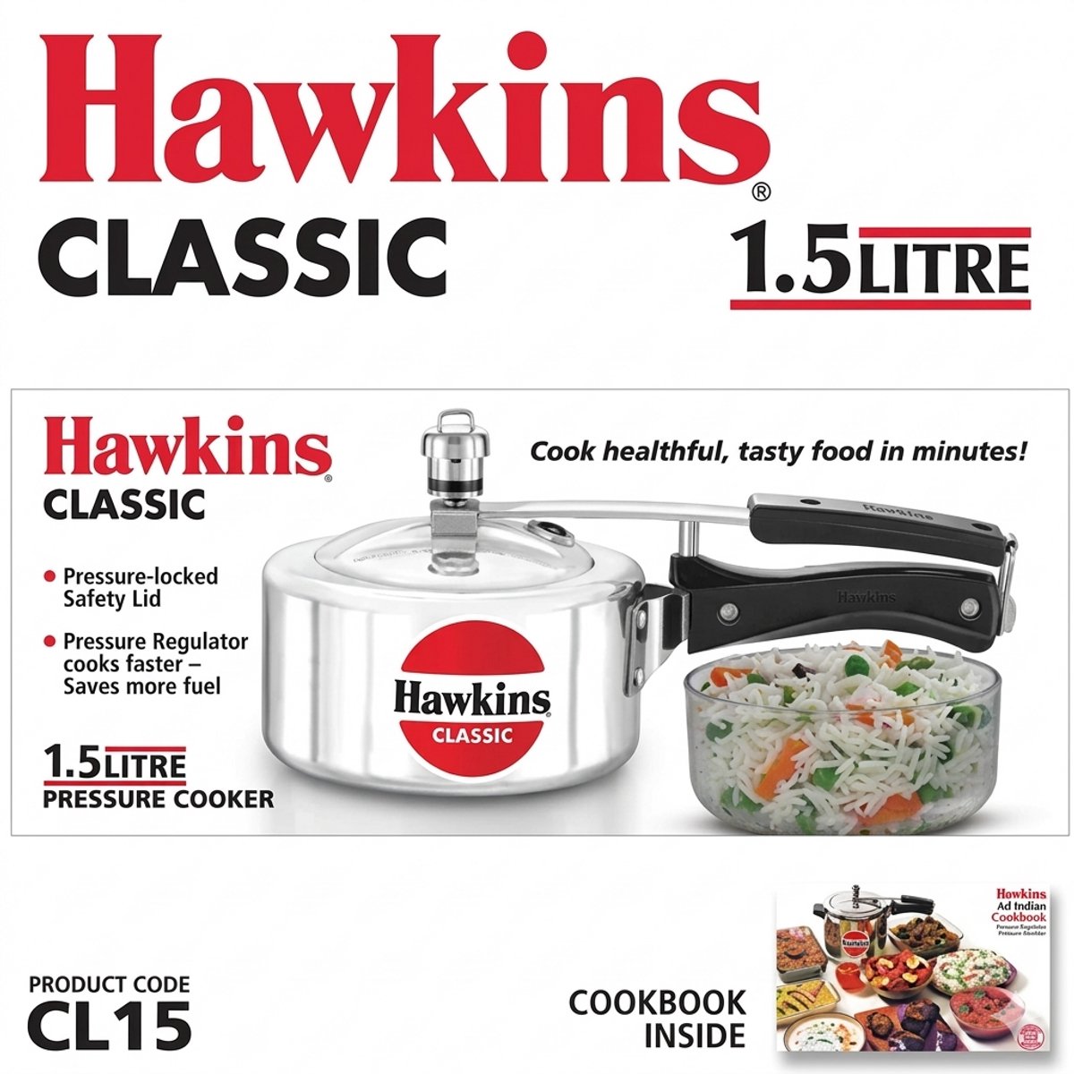 Hawkins Klassiek zilver Snelkookpan - 1.5 Liter - Hard Geanodiseerd Aluminium met RVS Deksel - zilver - Gebogen Vorm voor Gemakkelijk Roeren - Model CL15 met Kajal Sticker