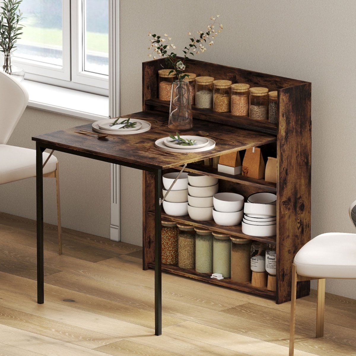 Wishdor - Klapbare Eettafel Met Planken - Ruimtebesparend - Industriële Stijl - Hout En Staal - Rustiek Bruin - 80x90x93 cm