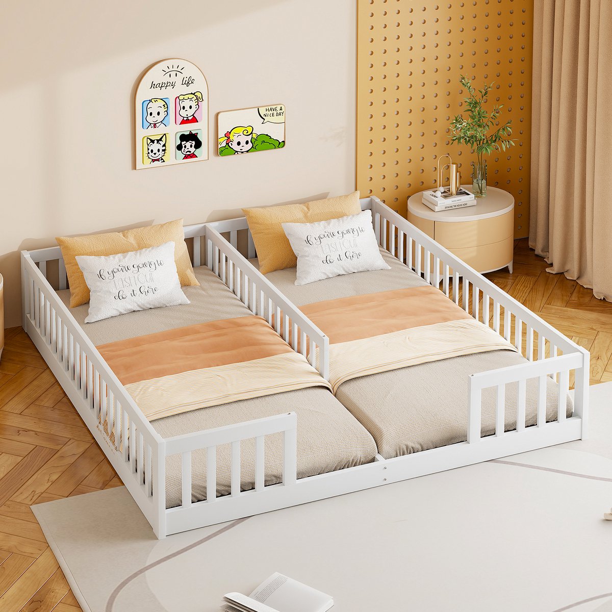 MODENUIT Kinderbed 90x200 cm – Vloerbed met Veiligheidshek – Twee Slaapplaatsen – Zonder lattenbodem - Zonder matras – Wit