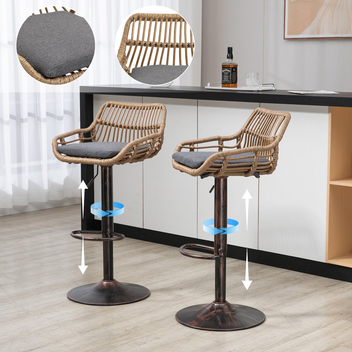 Intebiki barkruk - barkrukken met rugleuning set van 2 - barstoel - rotanmateriaal - in hoogte verstelbaar - 360° draaibaar - geschikt voor keukens, eetkamers en bars(grijs)